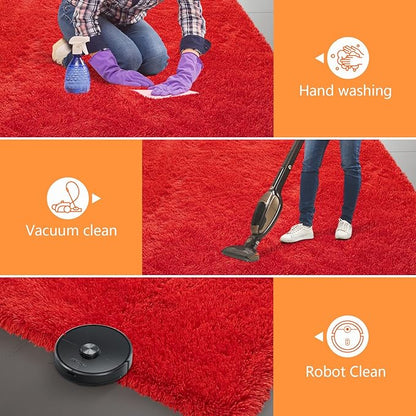 Red Shag Area Rugs for Bedroom Living Room,Ultra Soft Fluffy Christmas Area Rugs 5X8 for Dorm, Indoor Carpet Nursery Rugs for Kids Girls Room Home Decor