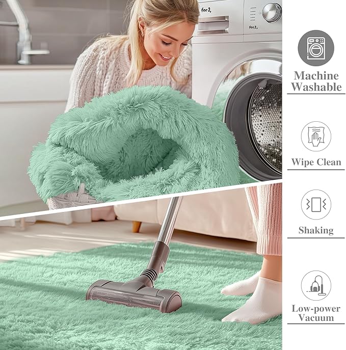OLANLY 9x12 Machine Washable Large Area Rugs for Living Room, Bedroom, Soft Fluffy Shaggy Bedside Rug, Indoor Floor Carpet for Kids Girls and Boys, Dorms, Nursery, Home Decor Aesthetic, Mint Green