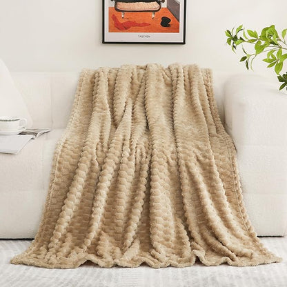 Puncuntex Beige Throw Blanket 60"×80" inches Fuzzy 3D Jacquard Decorative Flannel Fleece Super Soft Plush Cozy Blanket for Couch Sofa Chair Lightweight