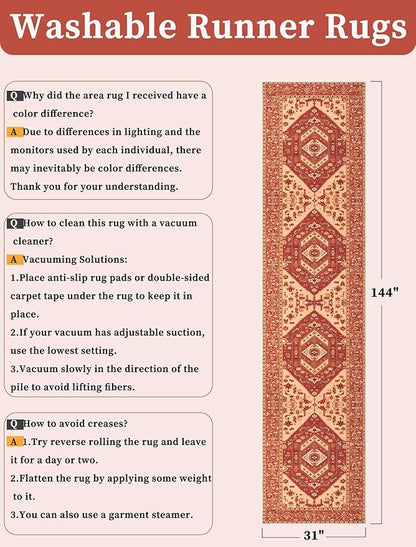 SERISSA Runner Rug for Hallways, 2'6"x12' Washable Non Slip Kitchen Runner Rug, Extra Long Boho Rug Ultra Soft Vintage Red Print Floor Carpet for Bedroom Hallway Entryway Bathroom Laundry Room
