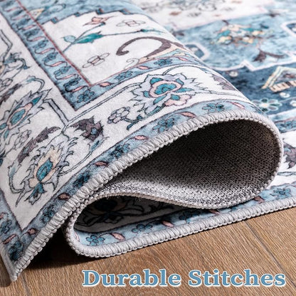 SERISSA Boho Rugs for Entryway, 2x3 Blue Entryway Rug Non-Slip Washable Small Area Rug, Ultra Soft Oriental Vintage Low-Pile Indoor Door Mat Floor Carpet for Entrance Bedroom Kitchen Bathroom