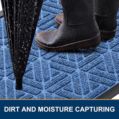 Smiry Front Door Mat Outside Entrance, Heavy Duty Sturdy Natural Rubber Doormat, Trap Dirt and Moisture, Easy Clean Low Profile Mats for Indoor Outdoor Entry, Grid Geometric (29.5x17, Blue)