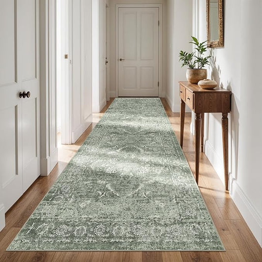 4x12 Washable Hallway Runner Rug - Wide Kitchen Runners Vintage Low Pile Carpet Soft Thin Floor Runner with Rubber Backing for Entryway Bedroom Living Room Home Decor (Muted Sage Green)