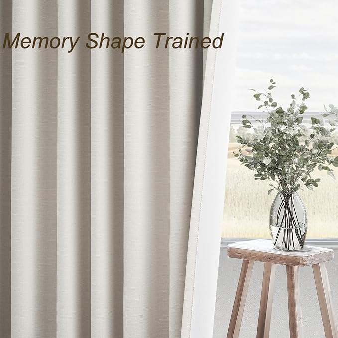 Topfinel 100% Blackout Linen Curtains 72 Inch Long Ivory Blackout Cream White Curtains, Pinch Pleated Back Tab Sun Blocking Drapes with Hooks Room Darkening Heat Reducing 52" X 72" Christmas