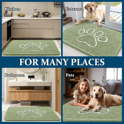 OLANLY Dog Door Mat for Muddy Paws 24x16, Paw Print Design, Absorbs Moisture and Dirt, Non-Slip Washable Doormat, Quick Dry Chenille Mud Mat for Dogs, Entry Indoor Entryway Carpet, Sage Green