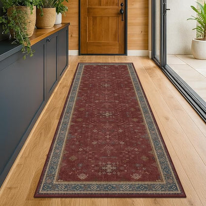 Dark Red 2'6''x10' Wide Hallway Runner Rug - 10ft Long Washable Non Slip Indoor Door Mats for Entryway, Low Pile & Soft Boho Geometric Floral Pattern Burgundy Area Rug