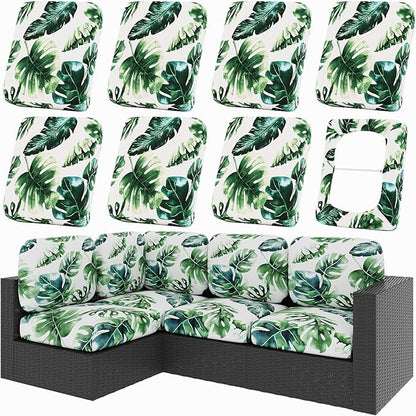 hyha 8Pcs Patio Cushion Covers, Stretch Outdoor Couch Cushion Covers, Washable Outdoor Chair/Sofa Slipcovers for Patio Furniture Cushions Protector with Elastic Bottom(Monstera Deliciosa,Cover Only)