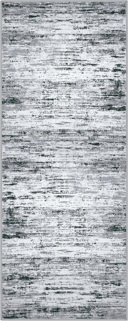 Lansny Modern Abstract Runner 2x5, Black Grey White Washable Kitchen Entryway Rug Mat Non-Slip Soft Hallway Rug Runner Thin Print Faux Wool Carpet for Bedroom Laundry Room Indoor Home Decor