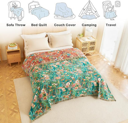 MSGKV Boho Throw Blanket 50"x60" Floral Blankets for Couch 100% Cotton Chair Sofa Throws Lightweight Farmhouse Muslin Spring Breathable Bed Blankets Home Decor All Seasons