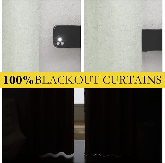 NICETOWN 100% Blackout Sage Green Linen Curtains 90" Length with Thermal Insulated Liners, 2 Panels, 62" W, Farmhouse Style Room Cooling Small Window Draperies for Dining Room