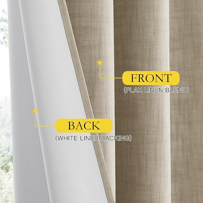 NICETOWN Taupe 100% Blackout Linen Curtains 72 inch Long Burg, Farmhouse Thick Completely Blackout Window Treatment Panels Thermal Insulated Drapes for Living Room (1 Pair, 52" Width Each Panel)
