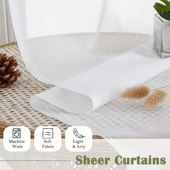 Lecloud White Sheer Curtains 120 Inches Long 2 Panels, Extra Wide Farmhouse Elegant Light Filtering Window Curtains, Solid Airy Voile Sheer Curtain for Living Room Bedroom Big Windows, 59" W x 120" L