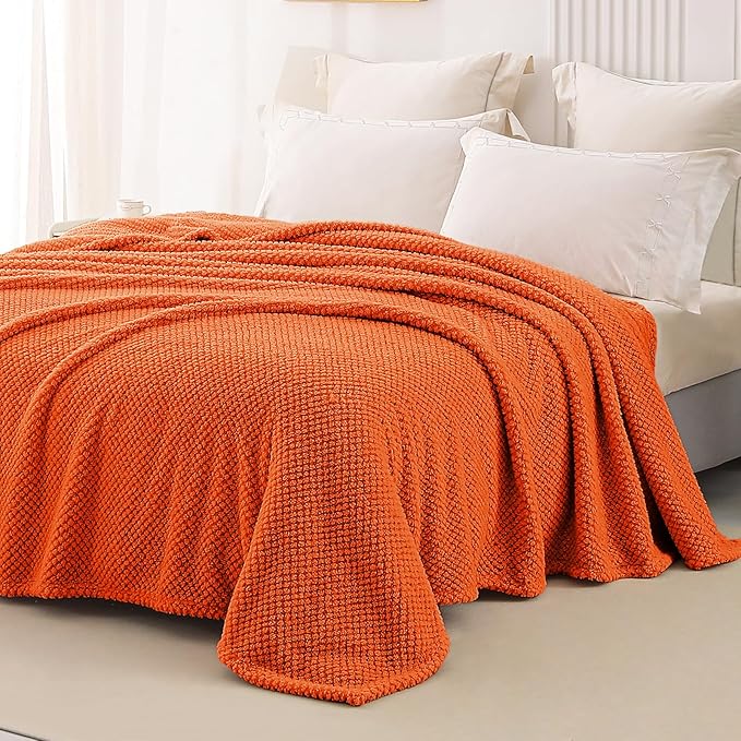 Whale Flotilla Queen Size Fuzzy Fleece Blanket, Fluffy Warm Soft Jacquard Bed Blankets for All Season, Lightweight and Cozy, 90x90 Inch, Burnt Orange