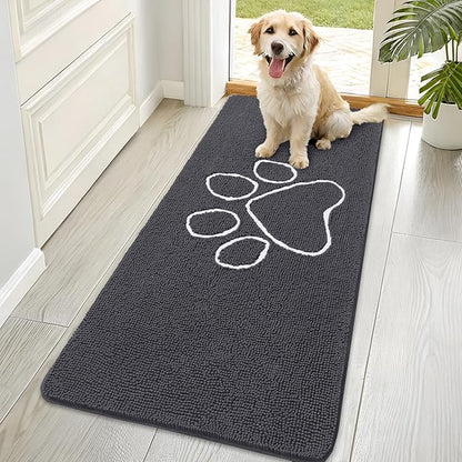 OLANLY Dog Door Mat for Muddy Paws 70x35, Paw Print Design, Absorbs Moisture and Dirt, Absorbent Non-Slip Washable Doormat, Quick Dry Chenille Mud Mat for Dogs, Entry Indoor Entryway Carpet, Dark Grey