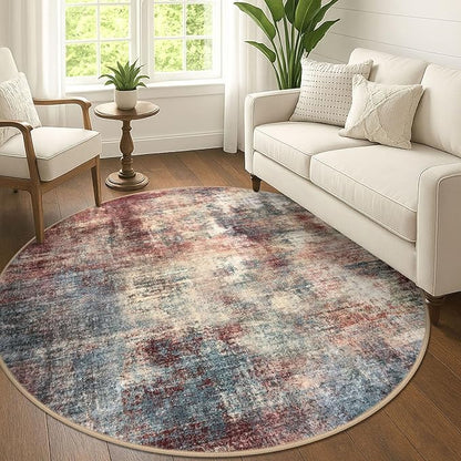 IOHOUZE Abstract Round Area Rug 6 Ft Washable Circle Rugs Large Round Rug Non Slip Thin Soft Circle Rugs, Printed Faux Wool Floor Carpet for Bedroom Living Room Dining Room Nursery, Red/Multi