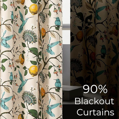 Topfinel Floral Curtains 96 Inches Long 2 Panels Unique Beige Luxury Elegant Colorful Euro Flower Hummingbird Patterned Rustic Vintage Grommet Drapes for Classroom Room Office Closet 52x96