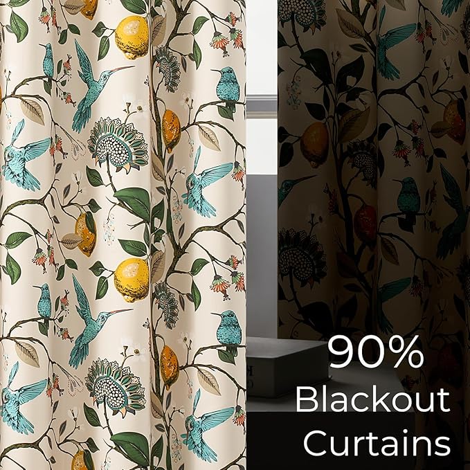 Topfinel Kitchen Curtains 45 Inch Length Beige Vintage Blackout Curtains for Cafe Kitchen Short Grommet Luxury Whimsical Floral Hummingbird Patterned 45 Inches Long for Living Room Bedroom