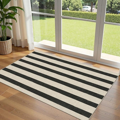 Black and White Striped Entry Rug - 3x5 Ft Washable Indoor Outdoor Front Door Mat Outside Entrance Front Porch Mat Non-Slip Floor Carpet for Bedroom Entryway Kitchen Office Porch Decor