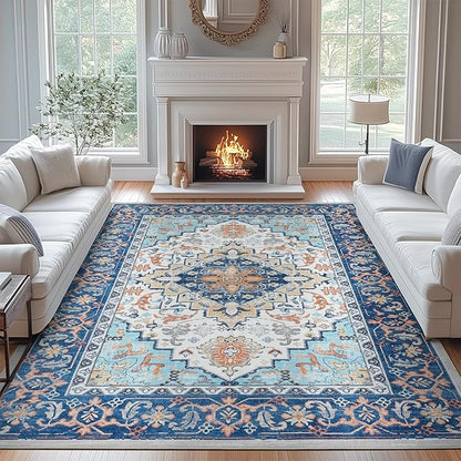 Lofus 9x12 Area Rugs for Living Room, Washable Area Rug, Rugs for Bedroom, Kitchen, Vintage Boho Carpet, Soft Non-Slip, Low Pile Large Area Rug for Office Dining Room, Floral Blue