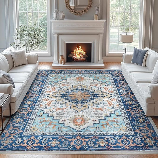 Lofus 9x12 Area Rugs for Living Room, Washable Area Rug, Rugs for Bedroom, Kitchen, Vintage Boho Carpet, Soft Non-Slip, Low Pile Large Area Rug for Office Dining Room, Floral Blue