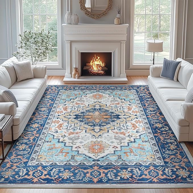 Lofus 8x10 Area Rugs for Living Room, Washable Area Rug, Rugs for Bedroom, Kitchen, Vintage Boho Carpet, Soft Non-Slip, Low Pile Large Area Rug for Office Dining Room, Floral Blue