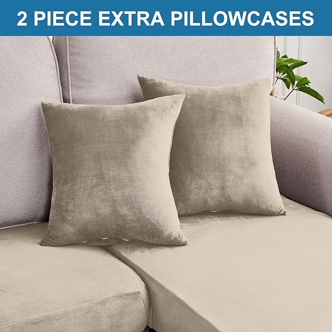 Couch Cover 6-Piece Elastic Velvet Couch Cushion Covers & Chaise Slipcovers for L-Shaped Sofas - Sofa Seat Covers Washable, Soft Protector for Couches (5 Seater + Chaise, Taupe)