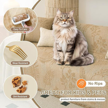 HANDONTIME Washable Couch Covers for Sofa Boho Couch Covers for 3 Cushion Sofa Pet Friendly Camel Chenille Jacquard Couch Protector for Dogs Plant Branch Sectional Cover Sofa Slipcovers, 71" X 134"
