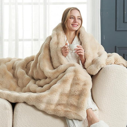 Cozy Bliss Faux Fur Throw Blanket for Couch, Fuzzy Soft Plush Thick Bubble Blanket for Sofa Bedroom Living Room, 60 * 80 Inches Beige