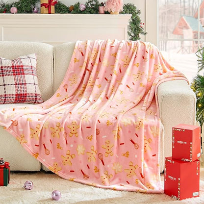 BEDELITE Pink Christmas Throw Blanket for Girls & Teens – Cute Holiday Blanket with Gingerbread Man Pattern, Soft Lightweight Fleece Christmas Blanket for Couch & Bed, Festive Home Décor Gift, 50"x60"