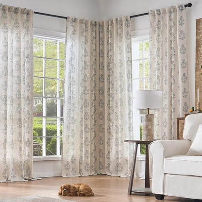 jinchan Linen Floral Curtains for Living Room 84 Inch Length Blue Flower Cottage Core Farmhouse Curtains Rod Pocket Back Tab Boho Semi Sheer Window Drapes Bedroom Set 2 Panels Blue on Beige