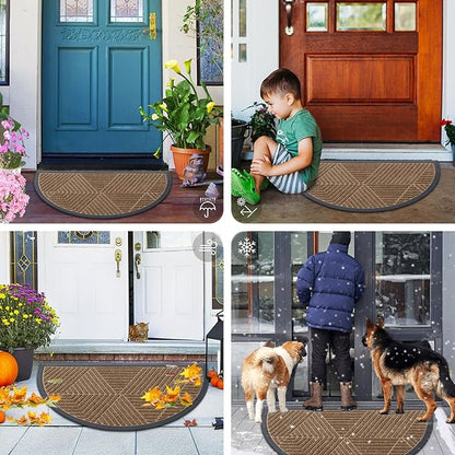 Smiry Half Circle Front Door Mat Outside Entrance, Heavy Duty Sturdy Natural Rubber Doormat, Trap Dirt and Moisture, Low Profile Mats for Indoor Outdoor Entry, Irregular Triangle (35x23, Brown)