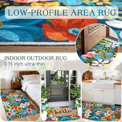 Floral Outdoor Rug - 28" x 43" Front Door Mat Indoor Outside Entrance Non-Slip Washable Outdoor Mat Colorful Spring Flower Rug for Entryway Kitchen Bedroom Layered Doormat for Front Porch