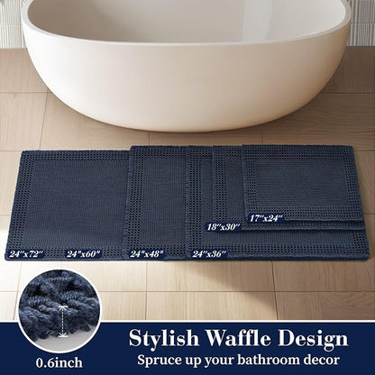 RESARE Waffle Bathroom Runner Rugs, Super Absorbent Bath Mat Non Slip Washable Quick Dry, Upgraded Ultra Soft Boho Bath Rugs with Tassels for Hallway Bedroom Laundry Room, 20"x32" Navy
