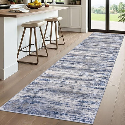KOZYFLY 3x10 Ft Rug Modern Ombre Runner Rug for Hallway, Washable Kitchen Rugs Non-Slip Soft Striped Entryway Rug, Print Grey-Blue Abstract Carpet for Laundry Nursery