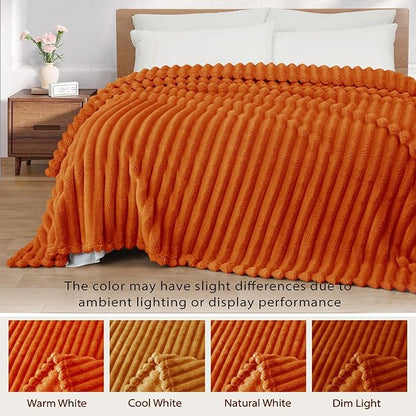 Exclusivo Mezcla Fleece Throw Blanket for Couch, Super Soft Striped Jacquard Bed Blanket, Lightweight Fuzzy Cozy for All Seasons, 50x60 Inches, Burnt Orange