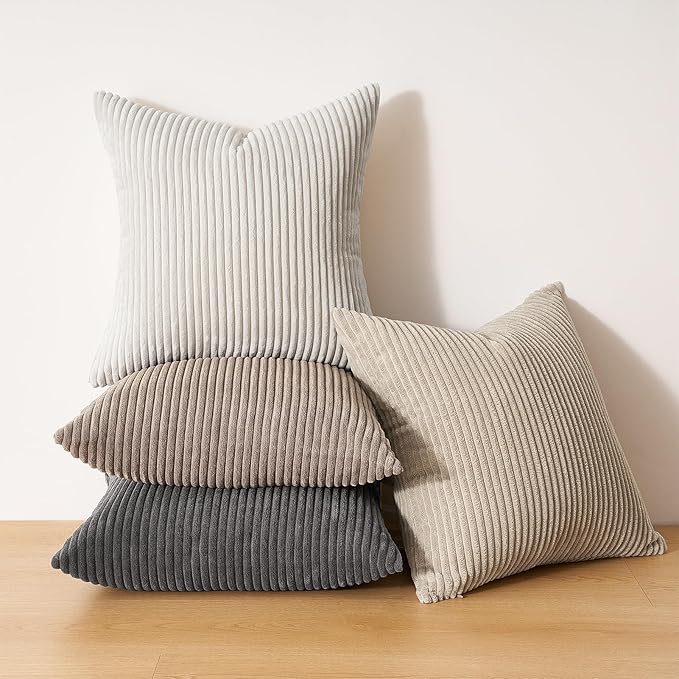 Topfinel 4 Packs Natural Decorative Throw Pillows Covers 16x16 Inch for Living Room Couch Bed Sofa, Rustic Farmhouse Boho Neutral Home Decor, Soft Plush Striped Corduroy Square Cushion Case 40x40 cm