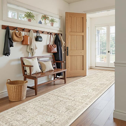 Hallway Washable Runner Rug 2x12 - Non Slip Vintage Kitchen Runner Rugs for Entryway Low-Pile Waterproof Long Runners for Living Room Bedroom Medallion Indoor Floor Mat for Bathroom Laundry Beige