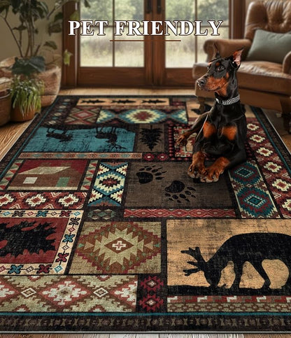 YIHOUSE Rustic Cabin Area Rug 4x6,Machine Washable Lodge Bear Rug,Non-Slip Low Pile Print Pattern Western Rug for Living Room Bedroom