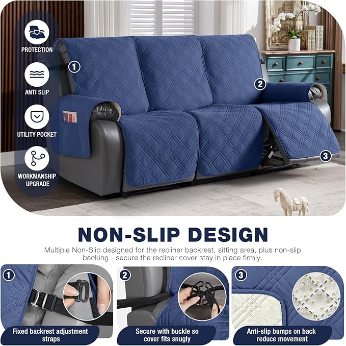 TAOCOCO 100% Waterproof Recliner Sofa Cover, Non Slip Split Couch Covers for Reclining Couches with Straps, Washable Reclining Sofa Cover Furniture Protector for Kids Pets(3 Seater, Ocean Blue)