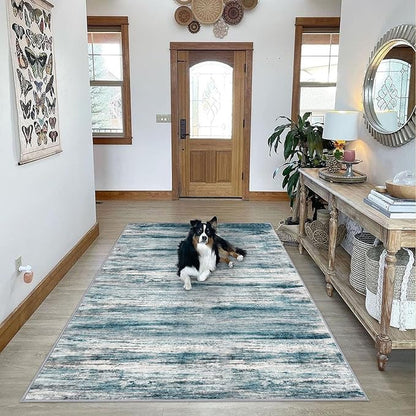 KOZYFLY Washable Area Rug 5x7 Modern Ombre Living Room Thin Rug Non-Slip Soft Striped Rug for Bedroom, Print Blue Abstract Carpet for Laundry Kid Room