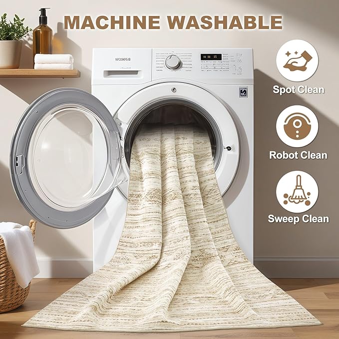 Nakagishi 6x9 Area Rugs Living Room: Washable Boho Large Neutral Modern Soft Farmhouse Beige Rug Stain Resistant Indoor Floor Non-Slip Carpet for Women Home Enthusiasts Aged 25-45 - Bedroom Room Decor