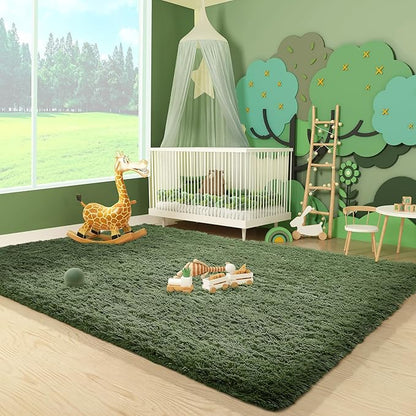 Ophanie Gray Green Grass Area Rugs for Bedroom, 3x5 Shag Fluffy Carpet, Fuzzy Furry Plush Soft Cute Kids Baby Girls Shaggy Bedside Floor Rug for Teen Dorm Nursery Home Decor Aesthetic