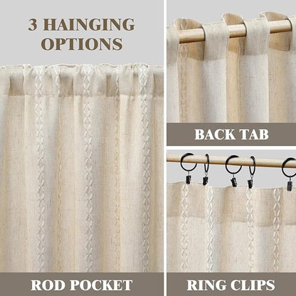 Boho Light Filtering Curtains 63 Inches Long Beige Linen Blend 2 Panels with Tassels and Cotton Embroidery, Farmhouse Vintage Rustic Rod Pocket Drapes for Living Room or Bedroom