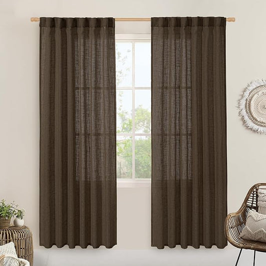 LAMIT Dark Brown Sheer Linen Curtains, 80 inch Light Filtering Semi Sheer Panels Back Tab and Rod Pocket Farmhouse Rust Drapes for Bedroom/Living Room, 2 Panels, 52 x 80 Inch