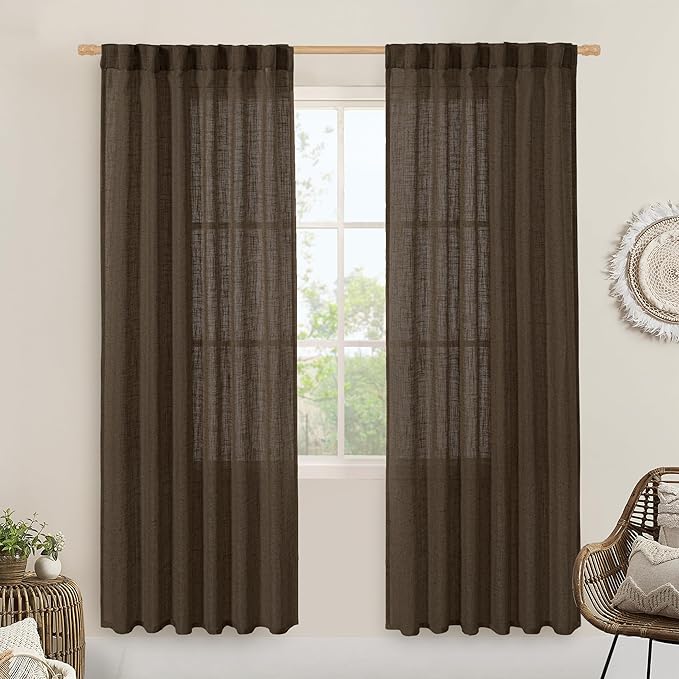LAMIT Dark Brown 78 inch Linen Curtains for Living Room 2 Panels, Linen Textured Light Filtering Semi Sheer Back Tab and Rod Pocket Curtain Panels for Bedroom/Farmhouse, 52 x 78 Inch