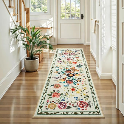 Rugflix 2x6 Runner Rug for Hallway, Washable Kitchen Runner Non Slip, Soft Low Pile Entryway Carpet, Vintage Floral Stain Resistant Long Laundry Room Rugs for Bedroom, Stairs, Beige Yellow