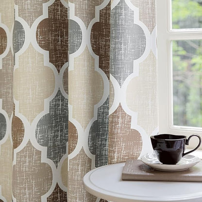Beauoop 100% Blackout Curtains 72 Inches Long 2 Panels for Bedroom Living Room Brown Grey Moroccan Geo Room Darkening Thermal Insulated Soundproof Grommet Top Window Treatments Drapes, 50x72 Set of 2