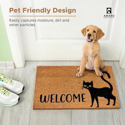 Black Cat - 17"x29" - Coir Door Mat with Heavy Duty Backing - Welcome Mats for Entryway, Porch - Anti-Slip PVC & Coconut Fiber Surface - Natural Home Accessories, Minimalist Original Design