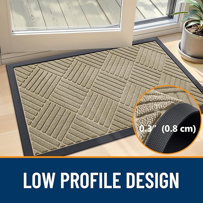 OLANLY Front Door Mat Outside Entrance 59x34, Absorbent, Heavy Duty Sturdy Natural Rubber Doormat Indoor Outdoor, Stain and Fade Resistant, Non-Slip Low Profile Floor Mat for Entryway, Beige Diamond