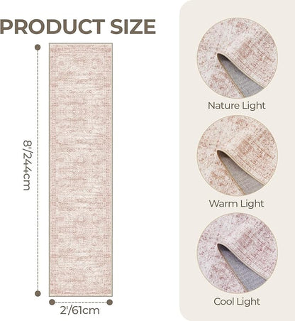 Rug Runners for Hallways Non Slip - 2x8 Runner Rug for Bedroom, Washable Runner with Rubber Backing, Soft Low-Pile Carpet for Kitchen, Laundry, Bathroom (2'x8', Pink/Ivory)